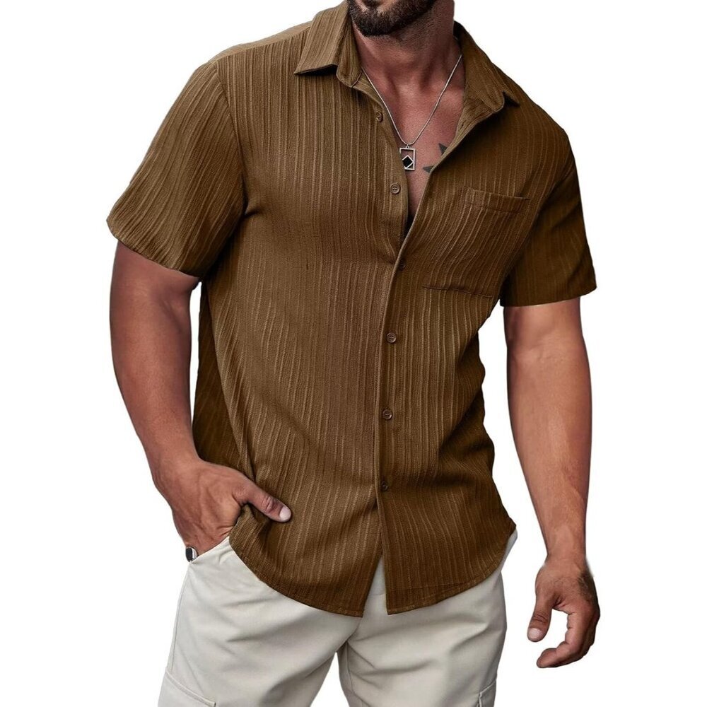 ❤️Mens Brown Short Sleeve Button  Shirt Casual Solid Color Dress Golf Shirts